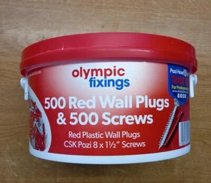 Olympische Befestigungen Wanne mit 500 roten Wandsteckern & 500 8 x 1,5 Zoll CSK Posi Antriebsschrauben - Bild 1 von 2