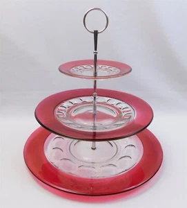 Kings Crown Thumbprint Ruby Red Glass Three Tier Tidbit Tray 13" - Picture 1 of 20
