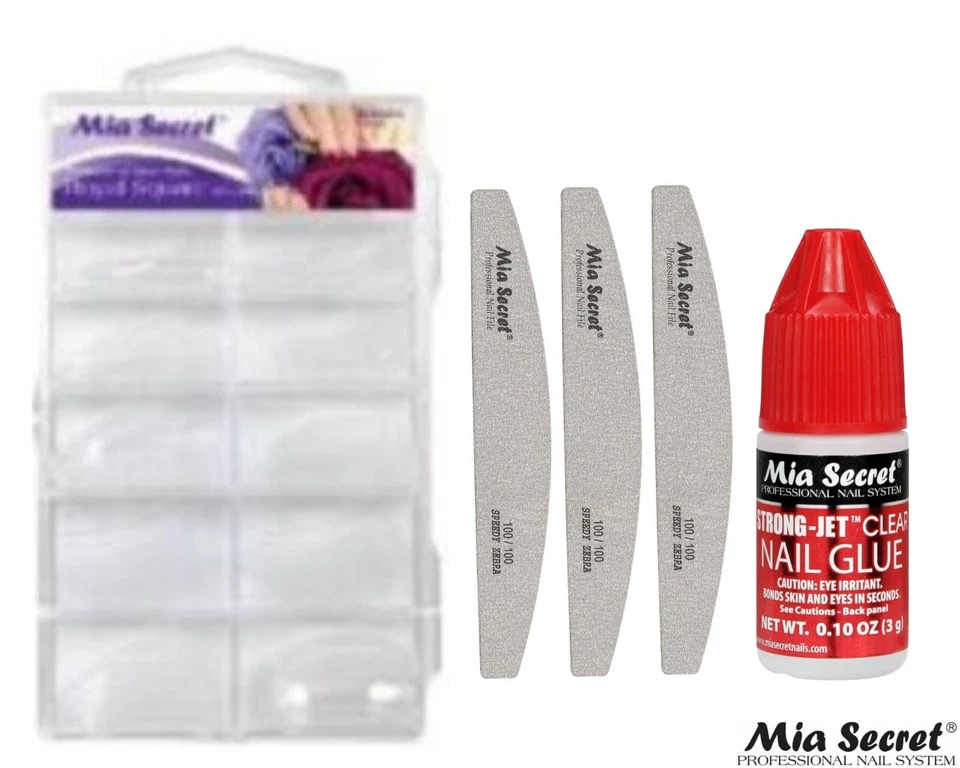 Mia Secret Royal Punta Cuadrada 100 un. Lima de Uñas Natural 100/100 3 piezas-Pegamento de Uñas .10oz Foto 1 de 1