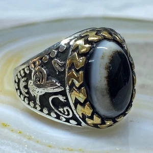 turkish 925 Sterling Silver Men's Ring yemeni devil eye agate aqeeq سليماني قوي - Picture 1 of 10