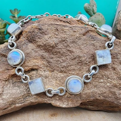 Brazalete Arco Iris Piedra Luna 925 Plata de Ley 7" Enlace/Cadena Foto 1 de 4