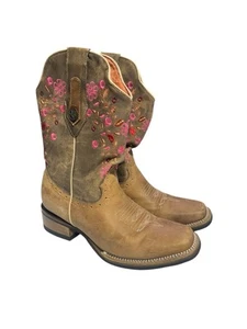 Verthali Tan Rodeo Leather Boots Pink Flowers Womens US Size 8 - Picture 1 of 12