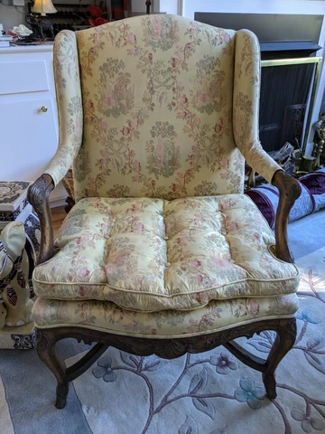 Vintage Heavily Carved Solid Oak Armchair w/Silk Asian Motif Fabric Hoofed Feet Cover