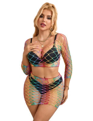 LAU-FASHION Catsuit Rock Neon Zweiteiler Rainbow Fishnet Transparent Body Stocking S M L XL