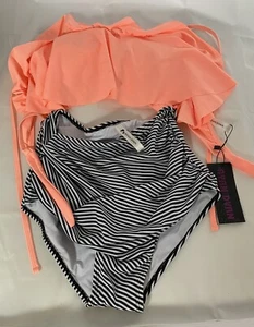 Ryan Dvan Two Piece Bikini Swim Suit Set Orange/Pink Top Black/White Bottom Sz S - Picture 1 of 5