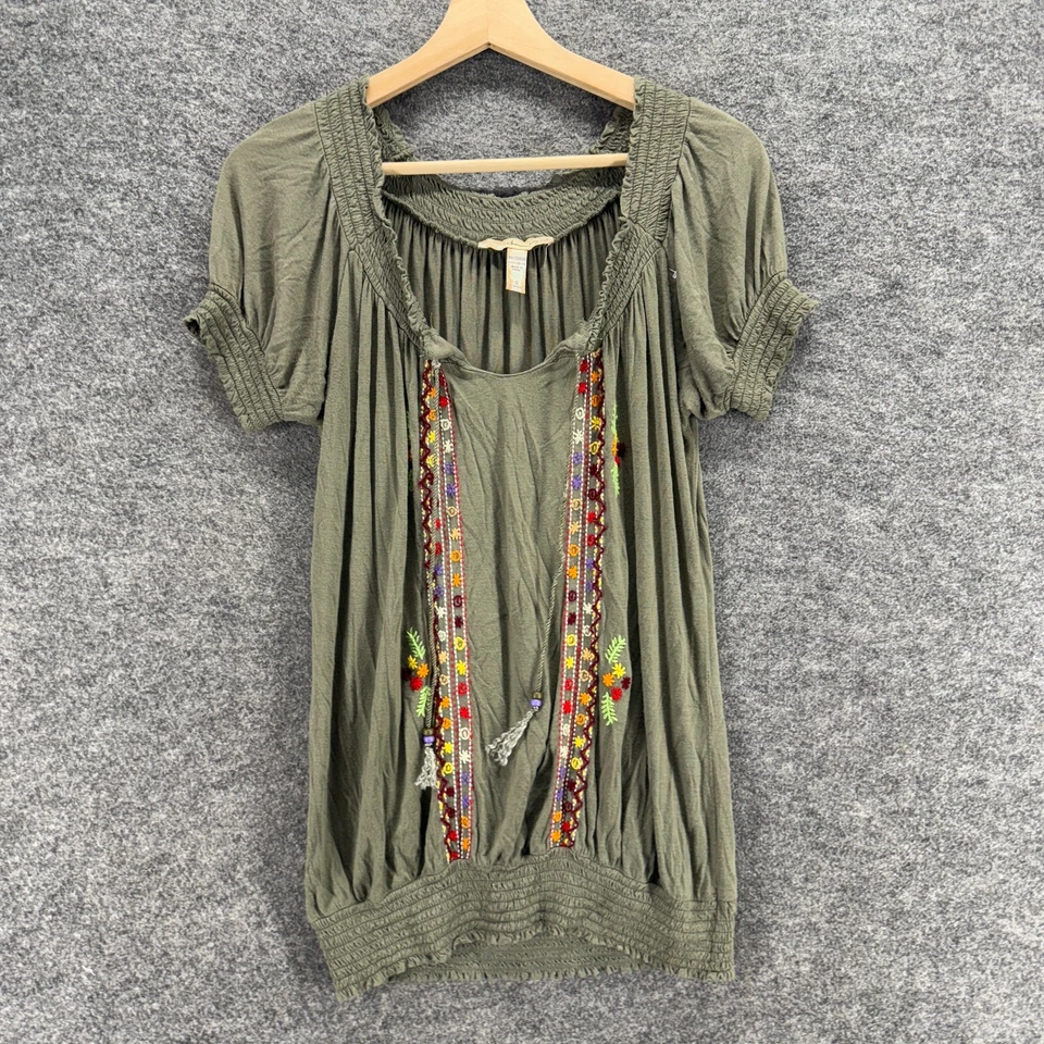 American Rag Cie Blouse Women S Small Gray Floral Embroidered V-Neck Tasseled - Image 1 of 4