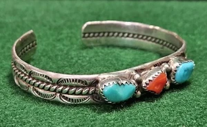 Vintage Native American Turquoise Coral F Sterling Silver Cuff Bracelet Stamped - Picture 1 of 21