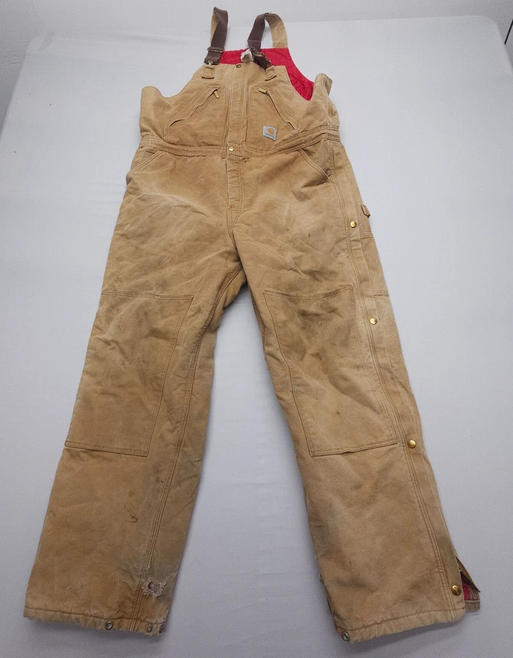 Vtg Carhartt R38 Canvas Quilt Lined Double Knee Duck Overalls 42x32 Union USA - Image 1 of 4