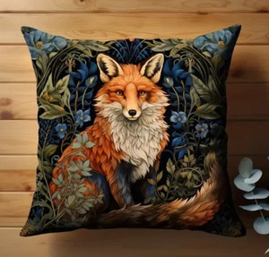 HG148-Charming Forest Fox 18x18 Inch Throw Pillow Cover w/Blue Flowers 18x18 - Picture 1 of 4