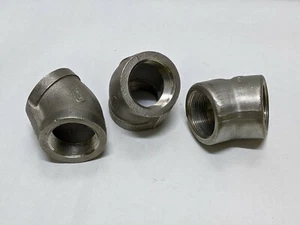 3 pcs 1- 1/2" 45 Degree Elbow NPT Threaded Stainless Steel Pipe Fitting (USED). - Picture 1 of 8