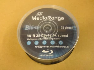 NEW SPINDEL OF 25 DISCS MEDIARANGE BLU-RAY RECORDABLE BD-R 25GB / 4x SPEED - Afbeelding 1 van 2
