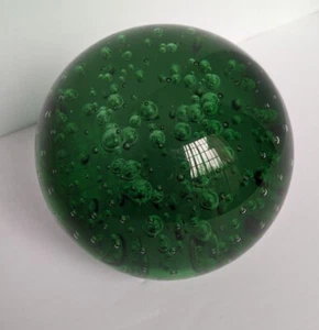 Green Glass Ball Paperweight with Controlled Bubbles, Art Glass 4" Hand blown - Picture 1 of 6