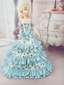 1:6 Victorian Style Ruffle Ball Gown Miniature Doll Blue Floral Beaded Dress - Picture 1 of 5