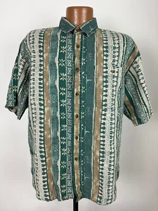 VTG 90s Bugle Boy Shirt Men L Geometric Tribal Striped Hippie Aloha Ramie Blend - Picture 1 of 16