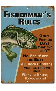 Fisherman's rules Funny Vintage Rustic Looking fishing Camping Country  Tin Sign - Picture 1 of 5