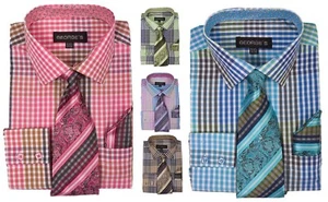 Men's Plaid Checks Design Dress Shirt w/ Matching Tie & Hanky Set #627 - Picture 1 of 7