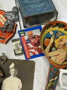 Over 1Lb Vintage Antique JUNK DRAWER Lot Photos Tin Bottles Toys Pins - Picture 1 of 14