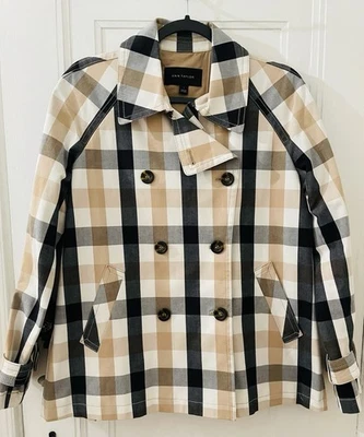 Ann Taylor Women's Checked Trench Coat Jacket  Size Small S Preowned Tan Black - Image 1 of 4
