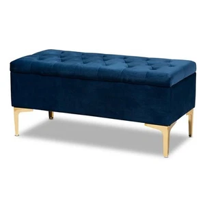 Baxton Studio Valere Navy Blue Velvet Gold Button Tufted Storage Ottoman - Picture 1 of 11