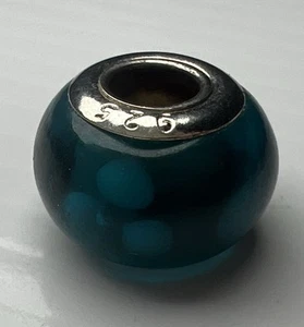 925 Sterling Silver Murano Glass Bead European Slide Charm Teal Blue Flowers - Picture 1 of 8