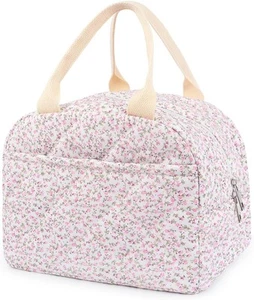 Cotton Quilted Insulated Lunch Bag, Cute Floral Tote Bags Pink - Picture 1 of 7