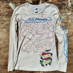 Vintage Y2K Ed Hardy USA Long Sleeve Tattoo AOP XS True Love Rose Snake Bling - Picture 1 of 9