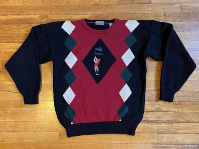 Suéter de golf vintage Lord & Taylor Argyle para hombre L negro rojo blanco Foto 1 de 4
