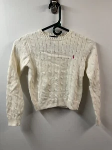 Ralph Lauren Girls White M 8-10 Pink Pony Cable Knit Crewneck Sweater - Picture 1 of 6