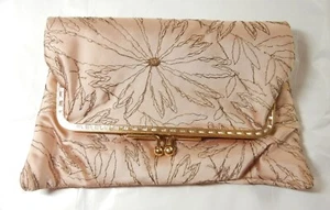 Vintage "Lovely" Brand Clasp Clutch Purse-Champagne Color w/Gold Embroidery - Picture 1 of 7