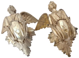 19TH PAIR Antique Religious Winged Angel Putti Statue Silverplate Bronze 9" RARE - Picture 1 of 12
