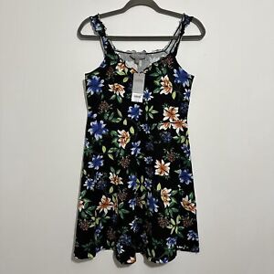 Dorothy Perkins Black Floral Summer Dress Size 12 Fit Flare Cotton Blend Petite