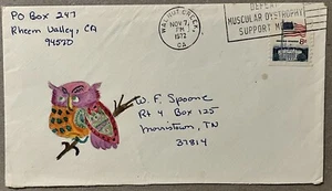1972 US CALIFORNIA COVER WITH HAND-DRAWN CACHET COLORFUL OWL ON BRANCH - Picture 1 of 3