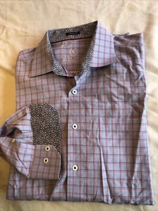 Bugatchi Uomo Camicia Uomo XL Blu Lavanda Rosso Plaid Vestibilità Classica Abito Bottoni - Foto 1 di 15