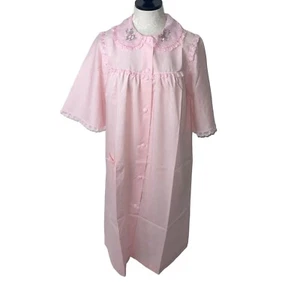 Sears Robe Womens Vintage Size Small Pink Perma Prest Button Front Lace Trim - Picture 1 of 10
