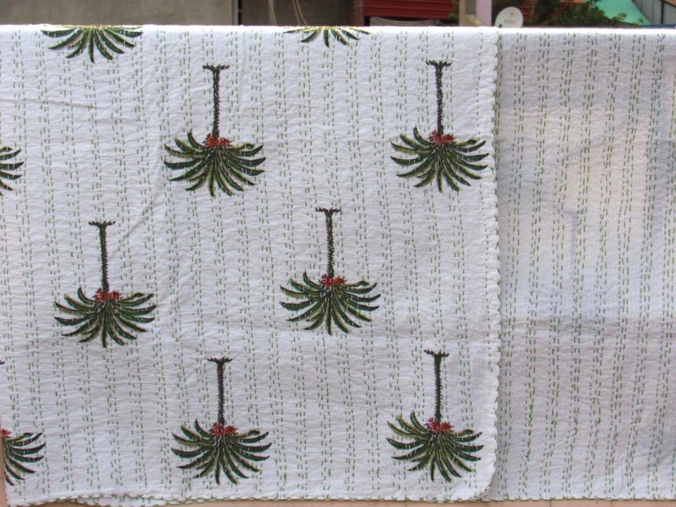 Indian Handmade Tree Deign Quilt Kantha Bedspread Throw Cotton Blanket Twin  - Image 1 of 3
