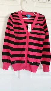The Children's Place Girls Knit Sweater Pink/Black Striped Cardigan Size 7/8 - Picture 1 of 1