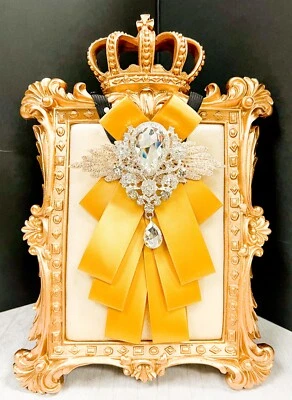 Gold crystal bowtie, Groomsmen Necktie, Gold silk Brooch, Crystal Brooch, 2 in 1 - Image 1 of 4