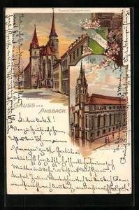 Lithographie Ansbach, St. Johann-Kirche und Gumbertuskirche 1899 - Bild 1 von 2