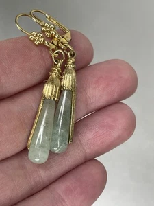 Vintage 14k Gold Plated Aventurine Stone Earrings Teardrop Unique - Picture 1 of 4