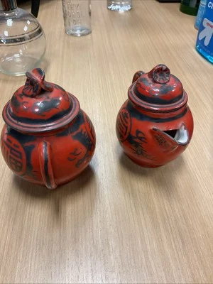 Antiguo té japonés Kutani Eiraku cáscara de huevo rojo naranja dragón x2 té (2) Foto 1 de 4
