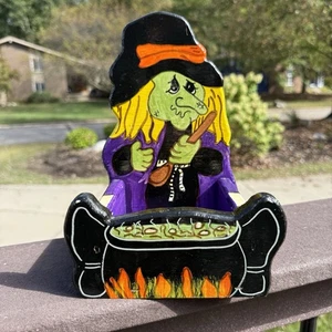 VTG 90s HALLOWEEN Wood Hand Painted WITCH Cauldron Candy Dish Holder Bowl Signed - Picture 1 of 16