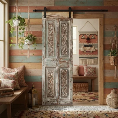 Porta esculpida antiga decoração declaração porta celeiro verde desgastada 80x26,5 - Imagem 1 de 4