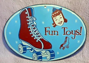 VINTAGE “FUN TOYS” ROLLER SKATING METAL SIGN HEAVY DUTY OVAL - Picture 1 of 5