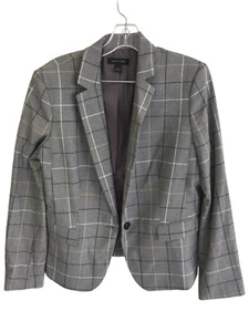 Ann Taylor Blazer Womens 10 Gray Windowpane Notch Plaid Single Breasted Classic - Picture 1 of 9
