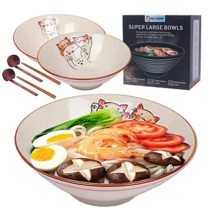 Ceramic Ramen Noodle Bowl Set 42 oz Beige with Spoon & Chopsticks 2 Sets - Picture 1 of 7