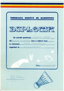 Rumania, 1996, diploma de la Federación Rumana de Bádminton - Imagen 1 de 1