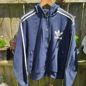 Adidas Mens Navy/White Striped Full Zip Classic Logo Hoodie - Size | Large 2009