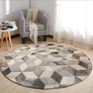 Round Handmade Leather Cowhide Patchwork Beige multi color Area Rug Barfi Design - Picture 1 of 6