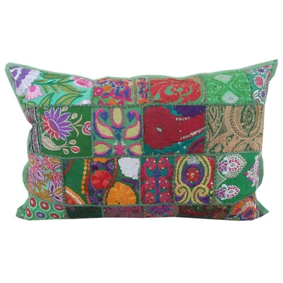 Indian Handmade Cushion Sequined Bohemian Vintage Patchwork Pillow Cover 40x60cm - Image 1 of 4