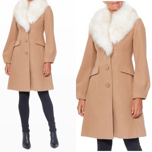 Kate spade CAMEL single breasted wool blend fit and flare coat faux fur XL